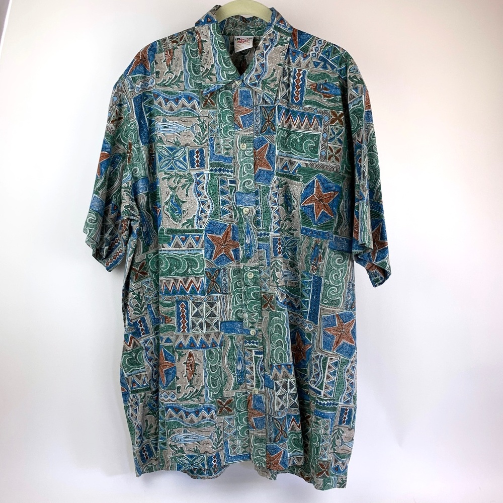 Vintage Men's Go Barefoot Hawaiian Shirt 2XL Blue Button Down Reverse Printed